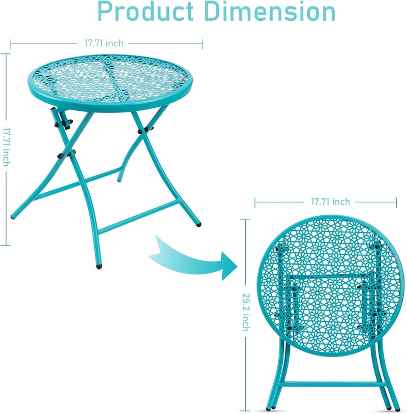 TeoKJ Folding Outdoor Side Tables, Anti Rust Small Patio Table Round Metal Nightstand with Flower Cutouts for Porch Yard Balcony Deck Lawn, Blue - Image 3
